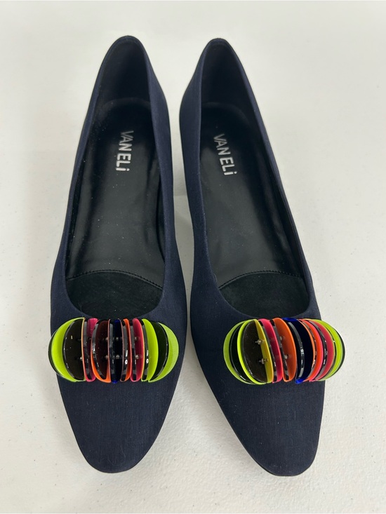 Vaneli Shoes - Vaneli Navy Blue Stacked Low Block Heels with Multicolored Disc Design Size 8 N